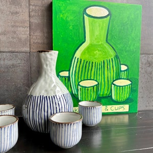 Sake Bottle & Cups painting. Green sake bottle. Japanese sake. Folkart sake bottle. image 5