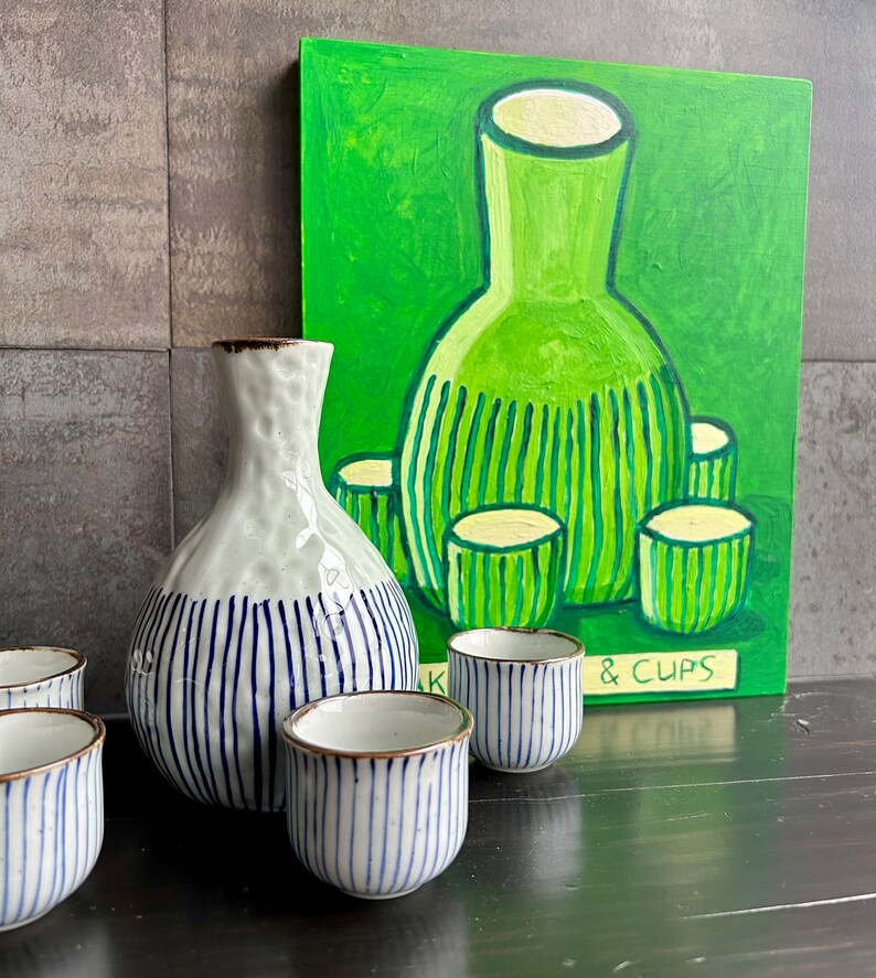 Sake Bottle & Cups painting. Green sake bottle. Japanese sake. Folkart sake bottle. image 5