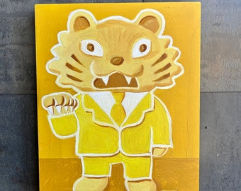 Tiger Boss, Vinyl Art Toy painting. Yellow Tiger toy wall art. Contemporary, urban art. Alan Moyes fine art.