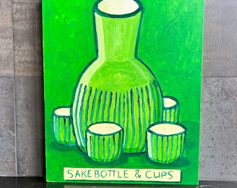 Sake Bottle & Cups painting. Green sake bottle. Japanese sake. Folkart sake bottle.