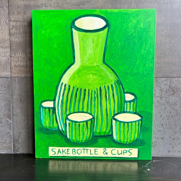 Peinture bouteille et tasses à saké. Bouteille de saké verte. Saké japonais. Bouteille de saké Folkart.