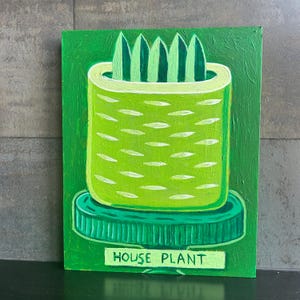 May include: A vibrant green painting of a house plant in a pot. The pot is a light green with white oval accents, sitting on a dark green base. The painting has the words "HOUSE PLANT" on a white rectangle.