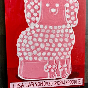 Poodle, Lisa Larson ceramic poodle painting. Red and pink poodle wall folk art. Mid-century dog art. Boho animal art. image 4