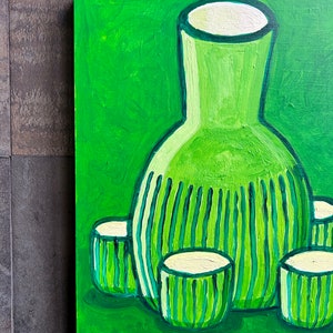 Sake Bottle & Cups painting. Green sake bottle. Japanese sake. Folkart sake bottle. image 3