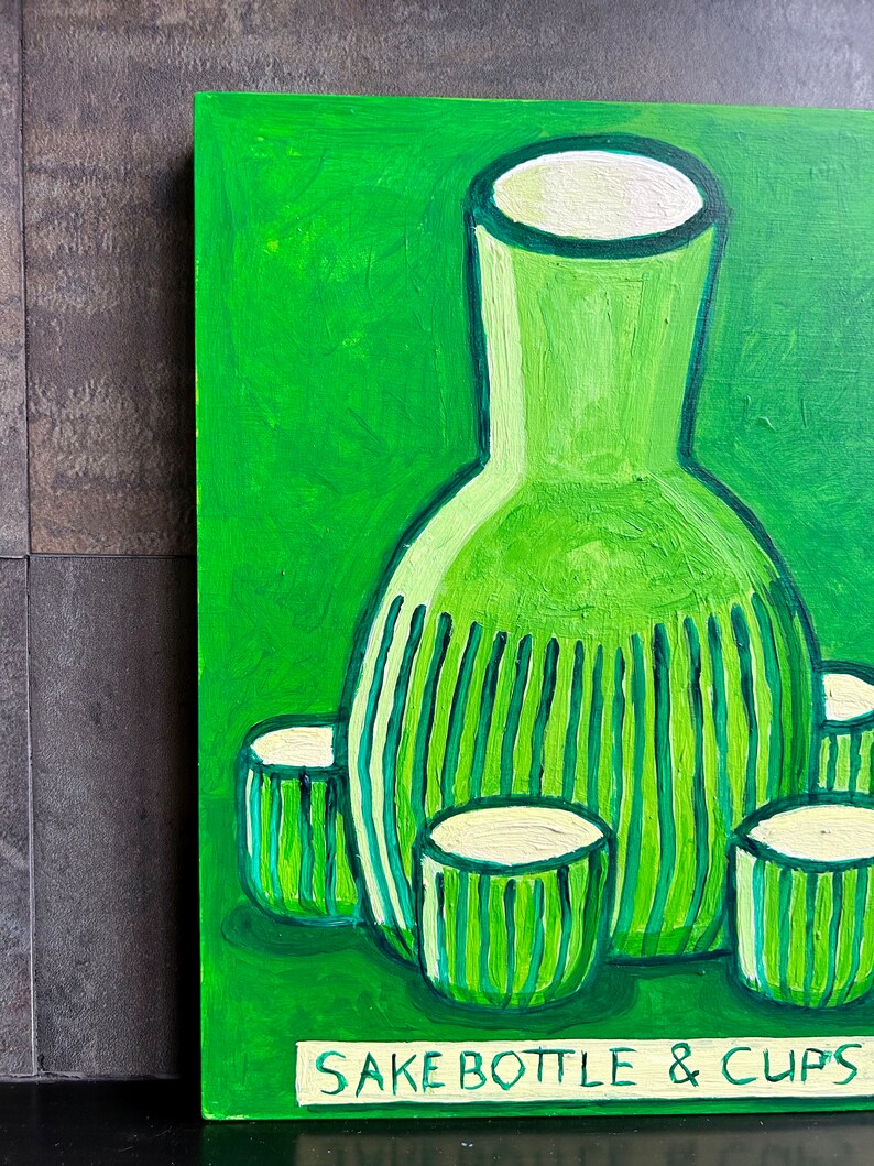 Sake Bottle & Cups painting. Green sake bottle. Japanese sake. Folkart sake bottle. image 3