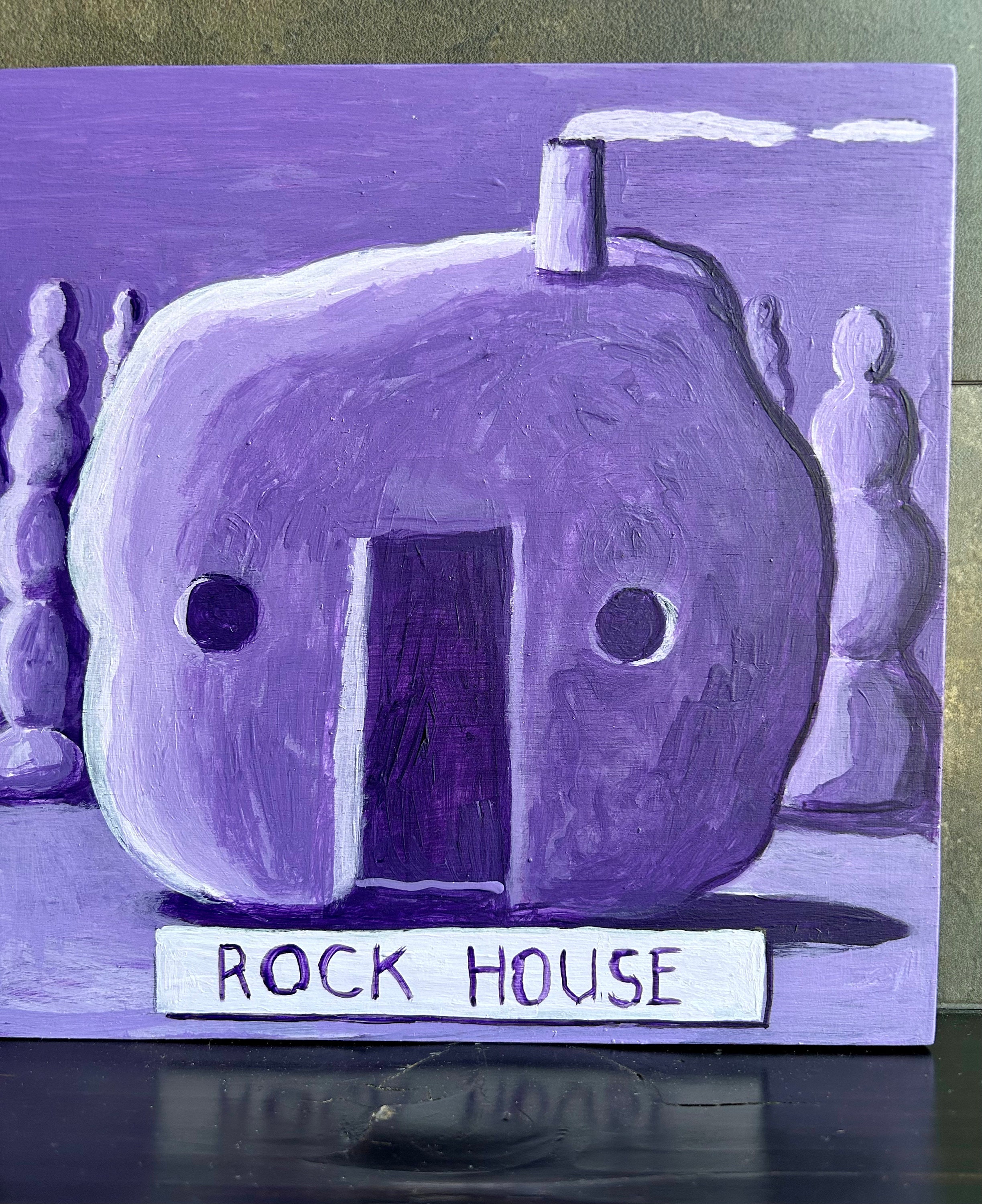 Rock House Painting. Purple Rock Painting. Folk Art, Whimsical Painting