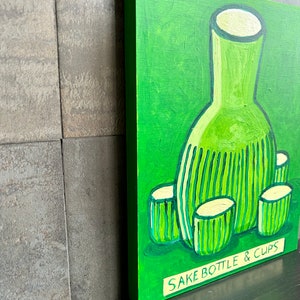 Sake Bottle & Cups painting. Green sake bottle. Japanese sake. Folkart sake bottle. image 4