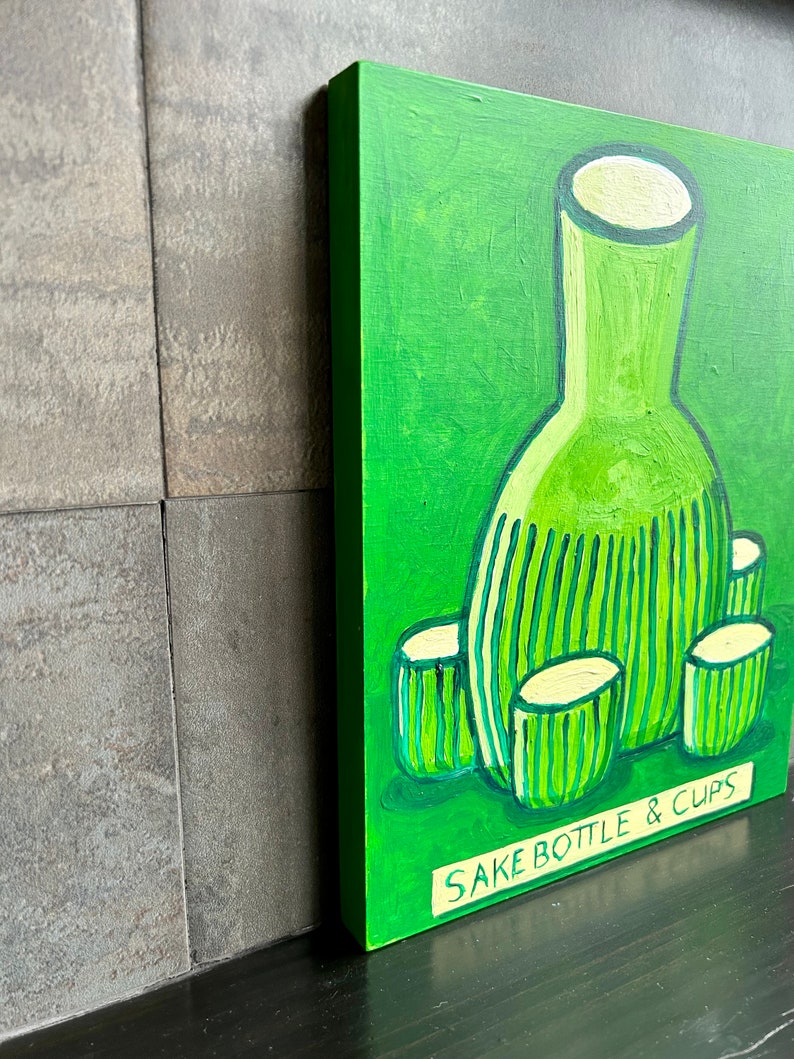 Sake Bottle & Cups painting. Green sake bottle. Japanese sake. Folkart sake bottle. image 4