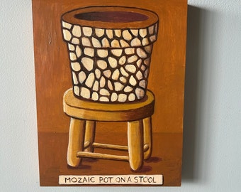 Mosaic Pot on a stool painting. Mosaic pot original art. 11x14 inches. Plant pot wall art.