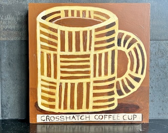 Crosshatch Coffee Cup Painting. Brown coffee cup wall art. Small contemporary art. Geometric folk art.modern art.