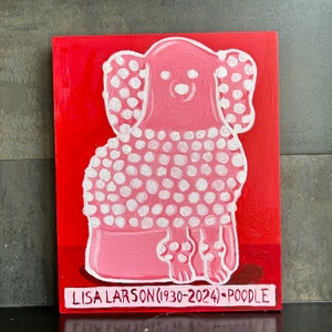 Poodle, Lisa Larson ceramic poodle painting. Red and pink poodle wall folk art. Mid-century dog art. Boho animal art. image 2