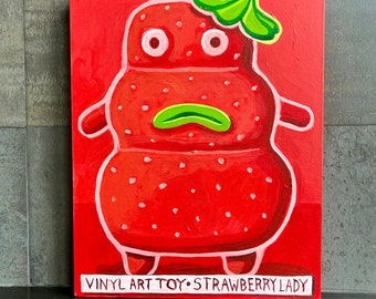 Strawberry Lady Vinyl art toy painting. Red art toy contemporary wall art. Urban art.