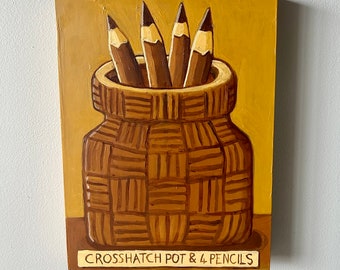 Crosshatch Pot with four pencils painting. Brown pot folkart painting. Small modern still life. Contemporary art.