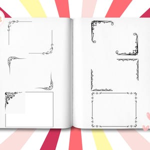 May include: An open book displaying various black ink corner designs and decorative borders on white pages. The illustrations feature intricate scrollwork, flourishes, and geometric patterns arranged in different configurations to frame rectangular areas.