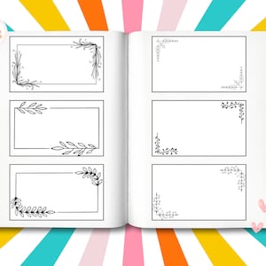 Könnte beinhalten: Eine Seite aus einem Notizbuch mit sechs verschiedenen schwarzen und weißen floralen Eckdesigns. Die Designs sind einfach und elegant und würden perfekt sein, um jedem Projekt einen Hauch von Verspieltheit zu verleihen.