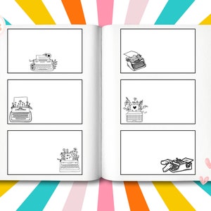 May include: A black and white illustration of a vintage typewriter with flowers and a blank page. The typewriter is on a page in a notebook with a black border. The notebook is open and there are other blank pages visible.