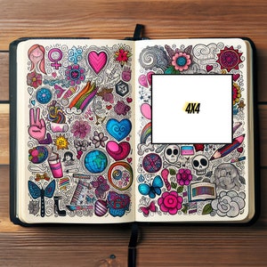 May include: An open notebook with a colorful doodle design on the pages. The doodles include hearts, flowers, stars, and other abstract shapes. A white rectangle with the text "4x4" is in the center of the page.