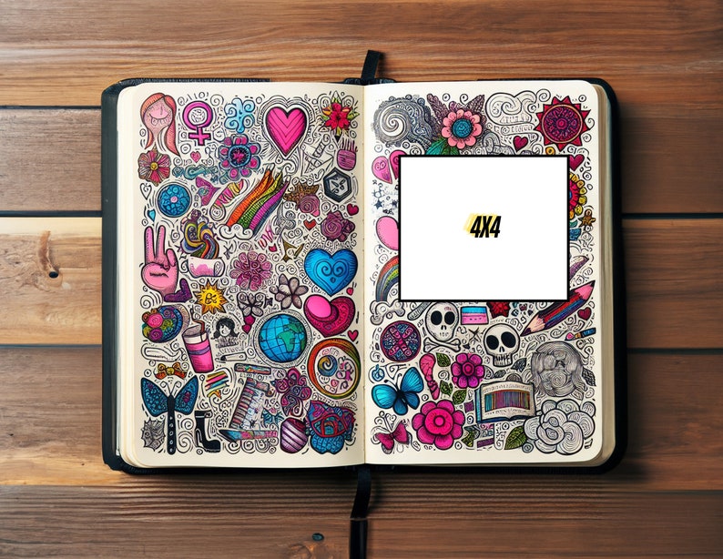 May include: An open notebook with a colorful doodle design on the pages. The doodles include hearts, flowers, stars, and other abstract shapes. A white rectangle with the text "4x4" is in the center of the page.
