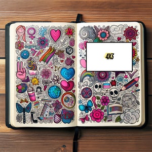 May include: An open notebook with a colorful doodle design on the pages. The doodles include hearts, stars, flowers, and other abstract shapes. The notebook has a white rectangle in the middle with the text "4x3" inside.