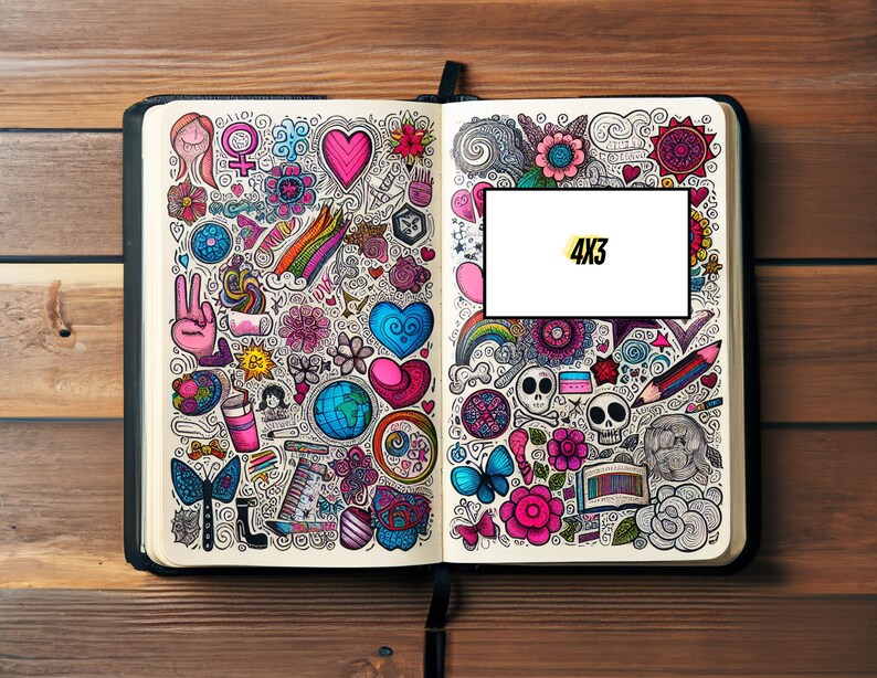 May include: An open notebook with a colorful doodle design on the pages. The doodles include hearts, stars, flowers, and other abstract shapes. The notebook has a white rectangle in the middle with the text "4x3" inside.
