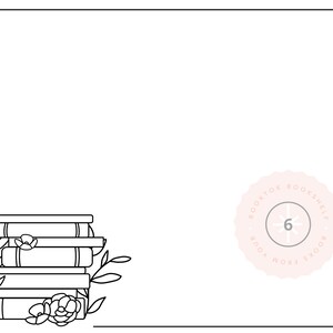 May include: A black and white line drawing of a stack of books with flowers on the bottom book. The image has a white background with a pink circle in the corner that says "Booktok Bookshelf" with the number "6" in the center.