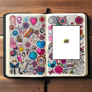 May include: An open notebook with a colorful doodle design on the pages. The notebook has a black cover and a white interior. The doodles include hearts, flowers, butterflies, and other abstract shapes. The text "4x6" is written in yellow on a white rectangle in the center of the notebook.