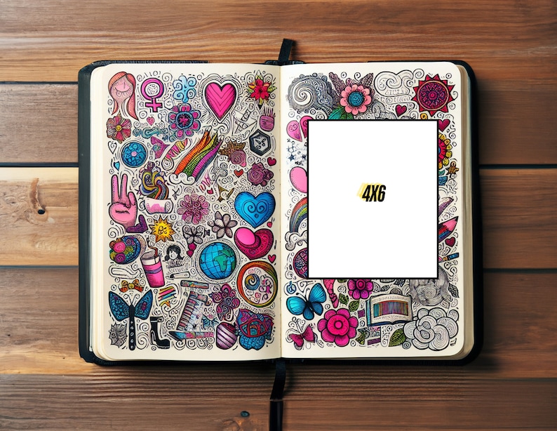 May include: An open notebook with a colorful doodle design on the pages. The notebook has a black cover and a white interior. The doodles include hearts, flowers, butterflies, and other abstract shapes. The text "4x6" is written in yellow on a white rectangle in the center of the notebook.