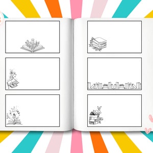 Könnte beinhalten: Ein schwarz-weißes druckbares Buchjournal mit sechs leeren Seiten. Jede Seite zeigt eine andere Illustration zum Thema Buch, darunter ein Stapel Bücher, ein Buch mit Blumen, die daraus wachsen, und ein Bücherregal voller Bücher.