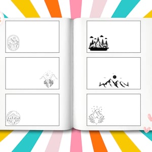 Könnte beinhalten: Ein schwarz-weißes Notizbuch mit verschiedenen Illustrationen von Bergen und Wäldern. Das Notizbuch ist auf einer leeren Seite geöffnet.