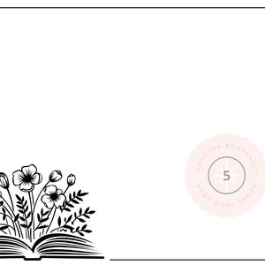 May include: Black and white illustration of an open book with flowers growing from the pages. The book is surrounded by a white border. A pink circle with the text "BOOKTOK BOOKSHELF 5 BOOKS FROM YOUR" is in the upper right corner.