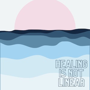 Puede incluir: Diseño gráfico abstracto con un círculo rosa y olas azules. El texto "HEALING IS NOT LINEAR" está en la esquina inferior derecha.