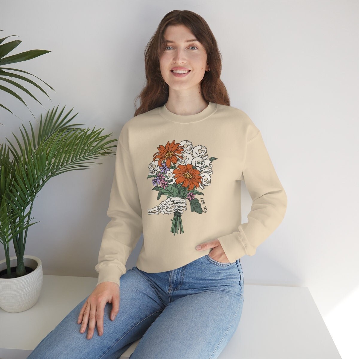 Gothic Floral Halloween Sweatshirt - Skeleton Flowers Cottagecore, A Fall Gardening Design Perfect for Spooky Season - Unisex Crewneck