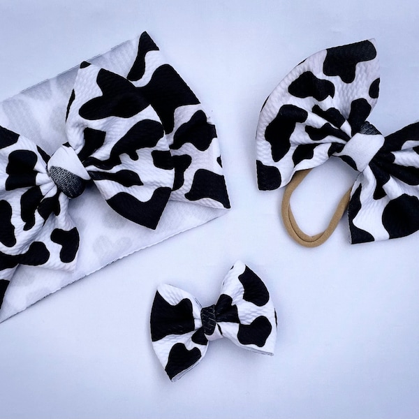 Cow Print Newborn, Baby, & Toddler Girl Bow on Headwrap/Bow on Headband/Clip On Bows/Piggie Bows/Mini Bows