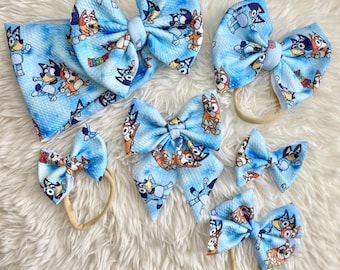 Blue and Red Dog Baby and Toddler Bow on Headwraps, Headbands, Clip Ons