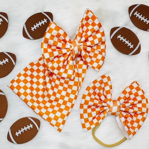 Orange and White Checker Football Baby and Toddler Bow on Headwraps, Headbands, Clip Ons