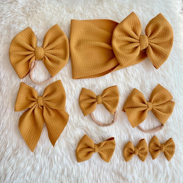 Gold Mustard Yellow Newborn, Baby, Toddler Girl Bow on Headwrap/Bow on Headband/Clip On Bow/Mini Piggie Bow/Sailor Bow/Pinwheel Bow