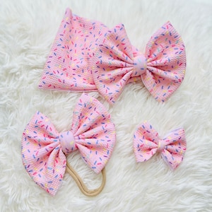 Sprinkles Newborn, Baby, Toddler Girl Bow on Headwrap/Bow on Headband/Clip On Bows/Birthday Bow/Piggie Bow/Mini Bow