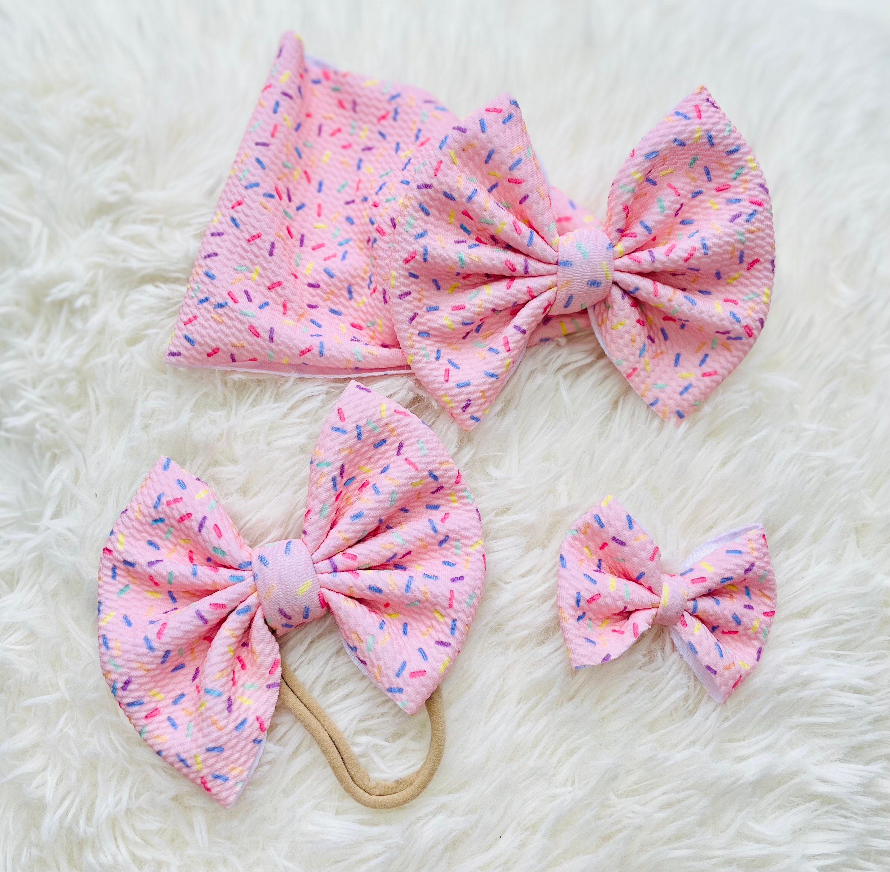 Sprinkles Newborn, Baby, Toddler Girl Bow on Headwrap/Bow on Headband/Clip On Bows/Birthday Bow/Piggie Bow/Mini Bow