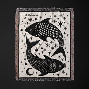 Pisces Zodiac Woven Blanket: Boho Astrology Throw, Star Sign Decor