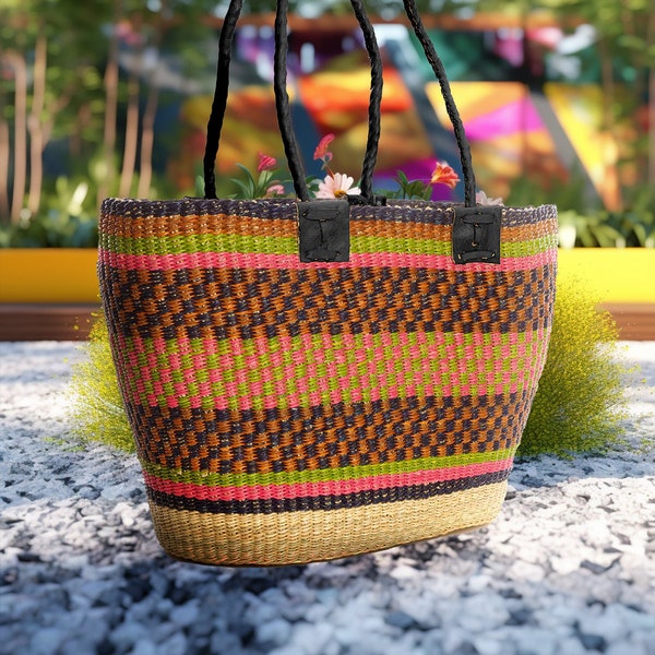 Woven Straw Tote Hand Made in Ghana - Assorted Colors Ghanaian Tote Bag