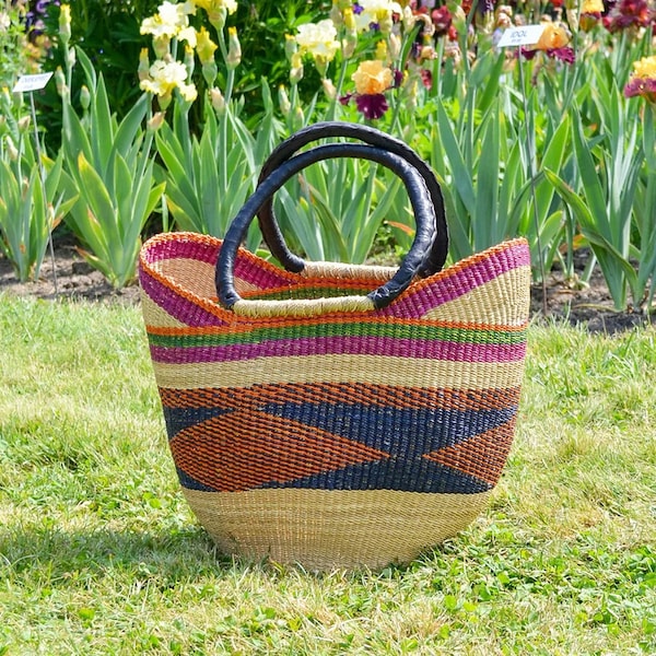 Woven Market Basket Hand Made in Ghana - Assorted Colors Ghanaian Bolga Bag