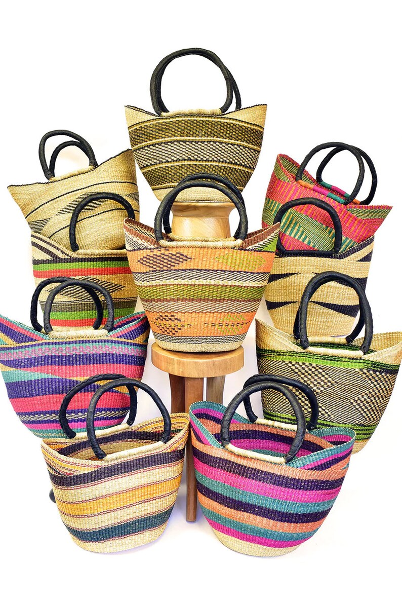 Woven Market Basket Hand Made in Ghana Assorted Colors Ghanaian Bolga