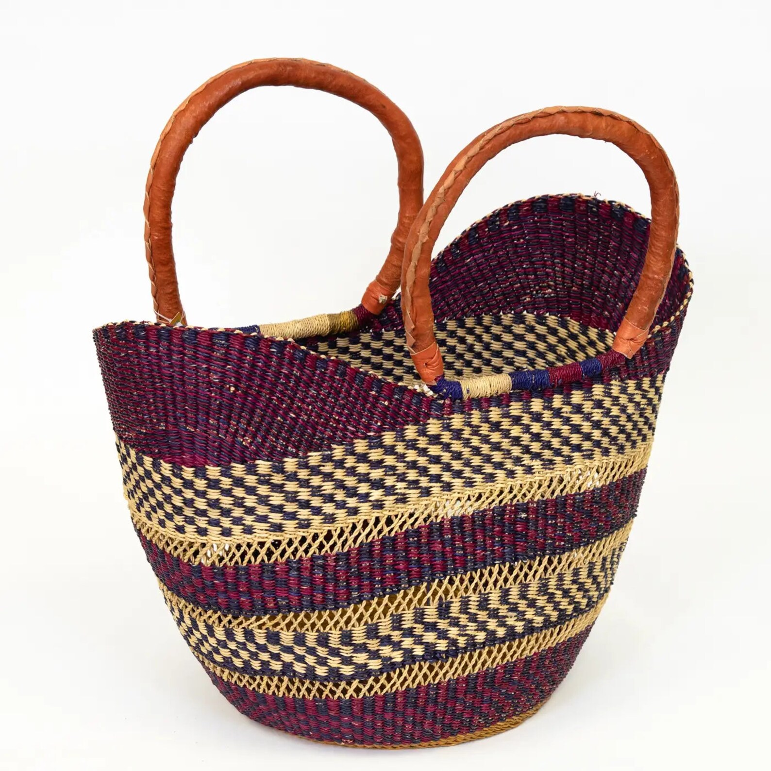 Woven Market Basket Hand Made in Ghana Assorted Colors Ghanaian Bolga
