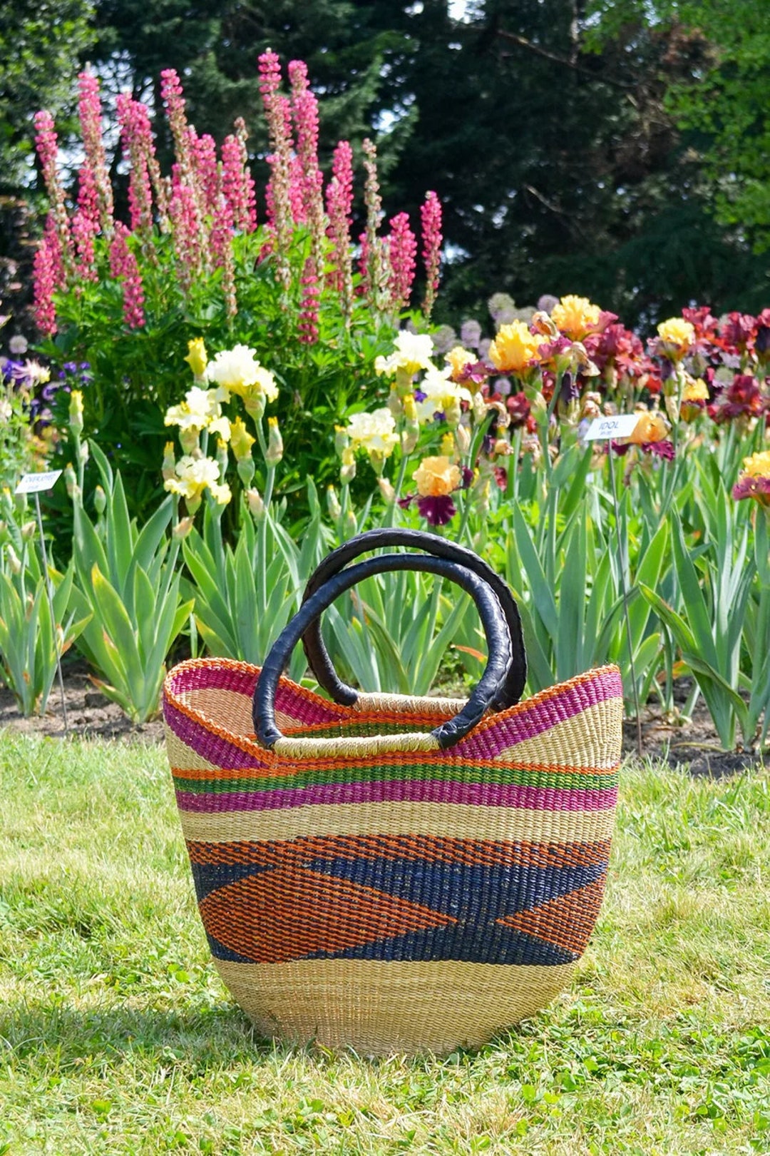 Woven Market Basket Hand Made in Ghana Assorted Colors Ghanaian Bolga