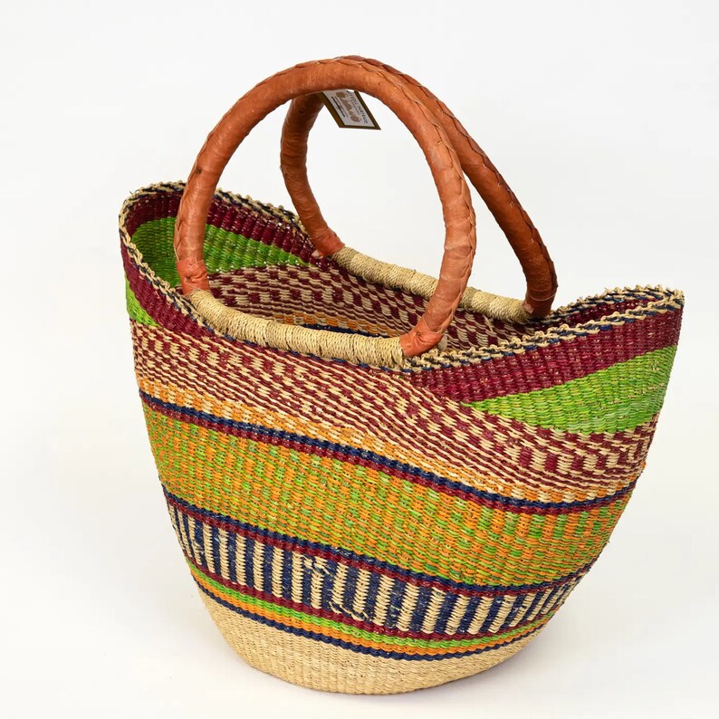 Woven Market Basket Hand Made in Ghana Assorted Colors Ghanaian Bolga