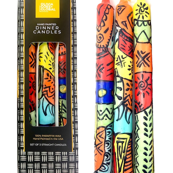 Hand-Painted Caribbean Tapered Dinner Candles - Tribal Beautiful and Festive Multicolor Set/3 Pieces