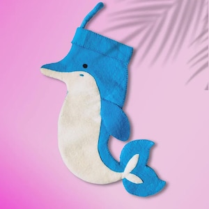 Felt Blue Dolphin Christmas Stocking Made from 100% New Zealand Wool - Nepalese Eco Friendly Beach Gifts