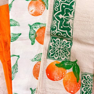 Block Printed Oranges Flour Sack Tea Towels - Set of 3 - Handmade Florida Fruit