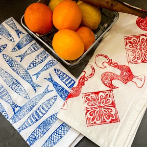 Portuguese Block Print Dish Towels Flour Sack Tea Towels - Set of 3 - Handmade