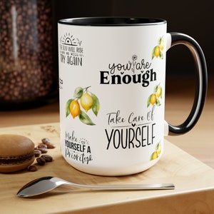 Positive Mental Health and Lemon Vibes Two-Tone Coffee Mugs, 15oz Quotes on Mugs